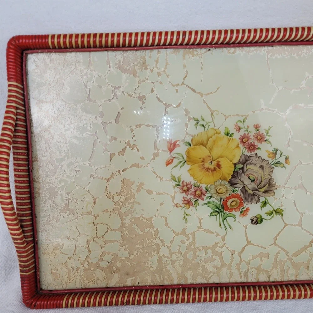 Vintage Floral Serving Tray Red Cream Wicker Trim Pansy Flower Crackle Finish